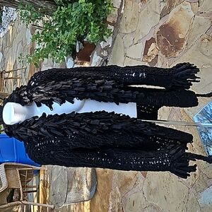 Vintage Yours Trulee Bohemian Chunky Knit heavily fringed Black cardigan sweater